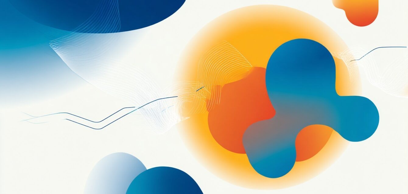 Abstract shapes in blue and orange.