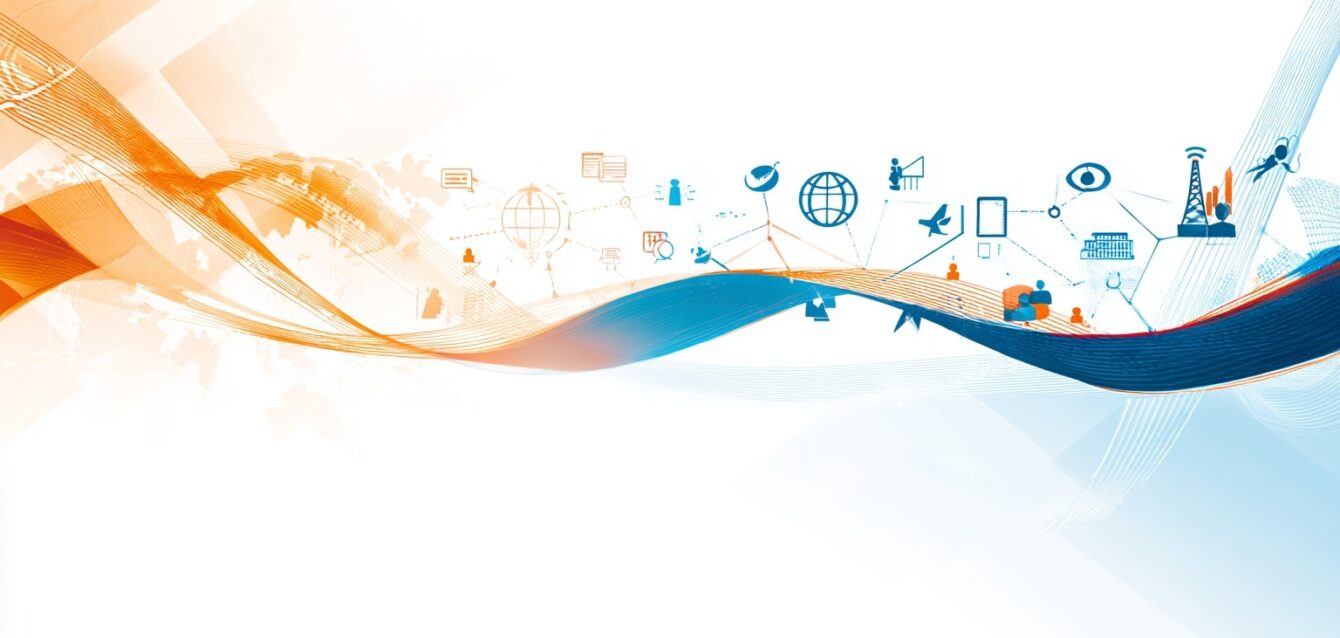 Abstract design with technology icons.